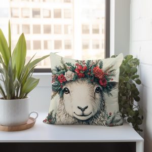 Holiday Floral Sheep Throw Pillow