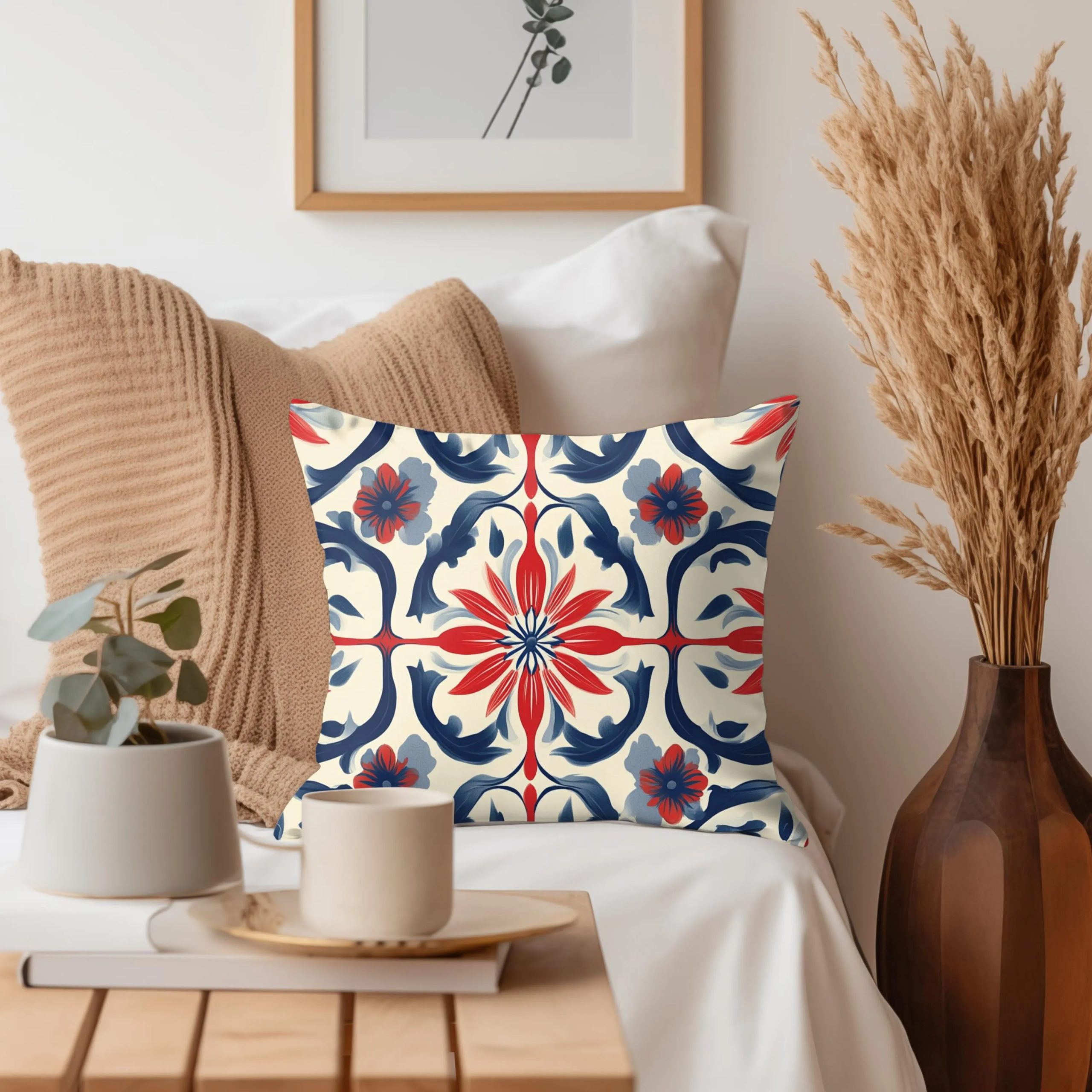 Mediterranean Tile Bloom Throw Pillow