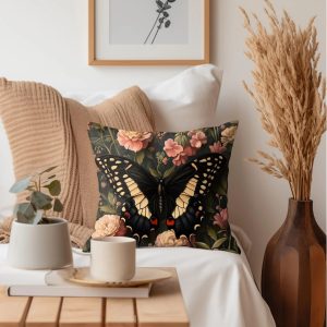 Midnight Butterfly Bloom Throw Pillow