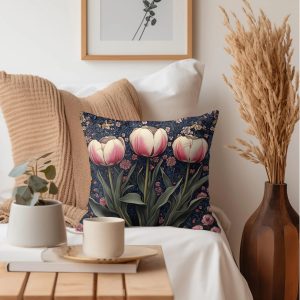 Midnight Tulip Garden Throw Pillow