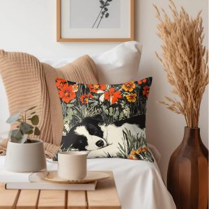 Poppy Meadow Sleeping Dog Throw Pillow