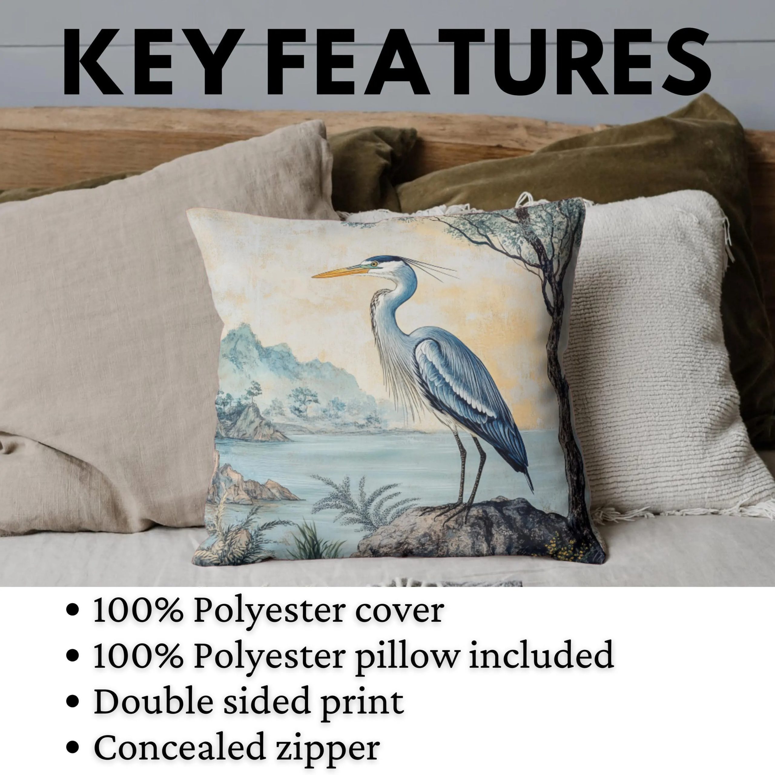 Serene Blue Heron Throw Pillow - Image 3