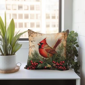 Winter Cardinal Berry Throw Pillow